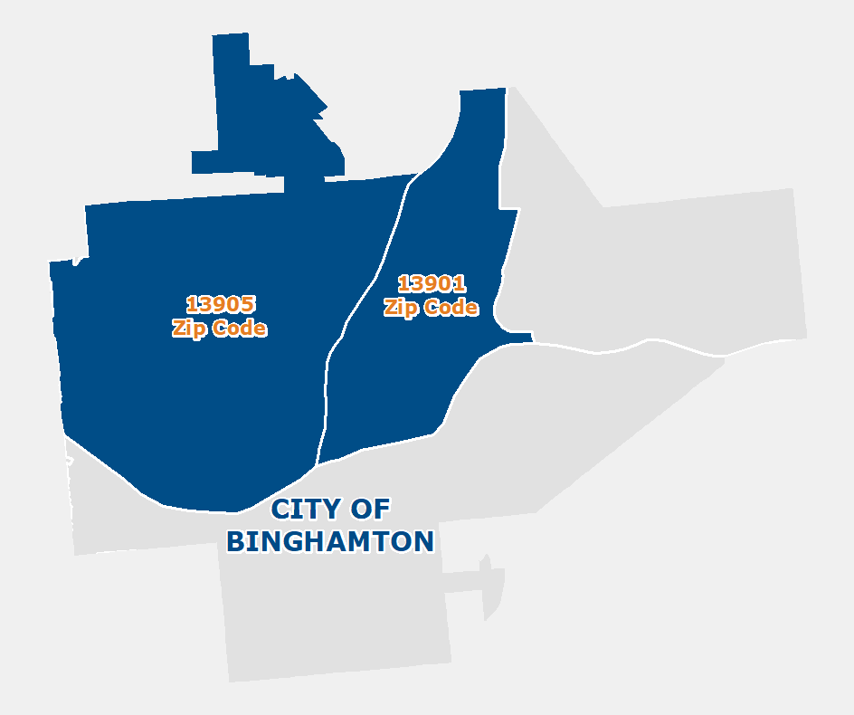 "outline of City of Binghamton with ZIP codes 13905 and 13901 highlighted in blue"