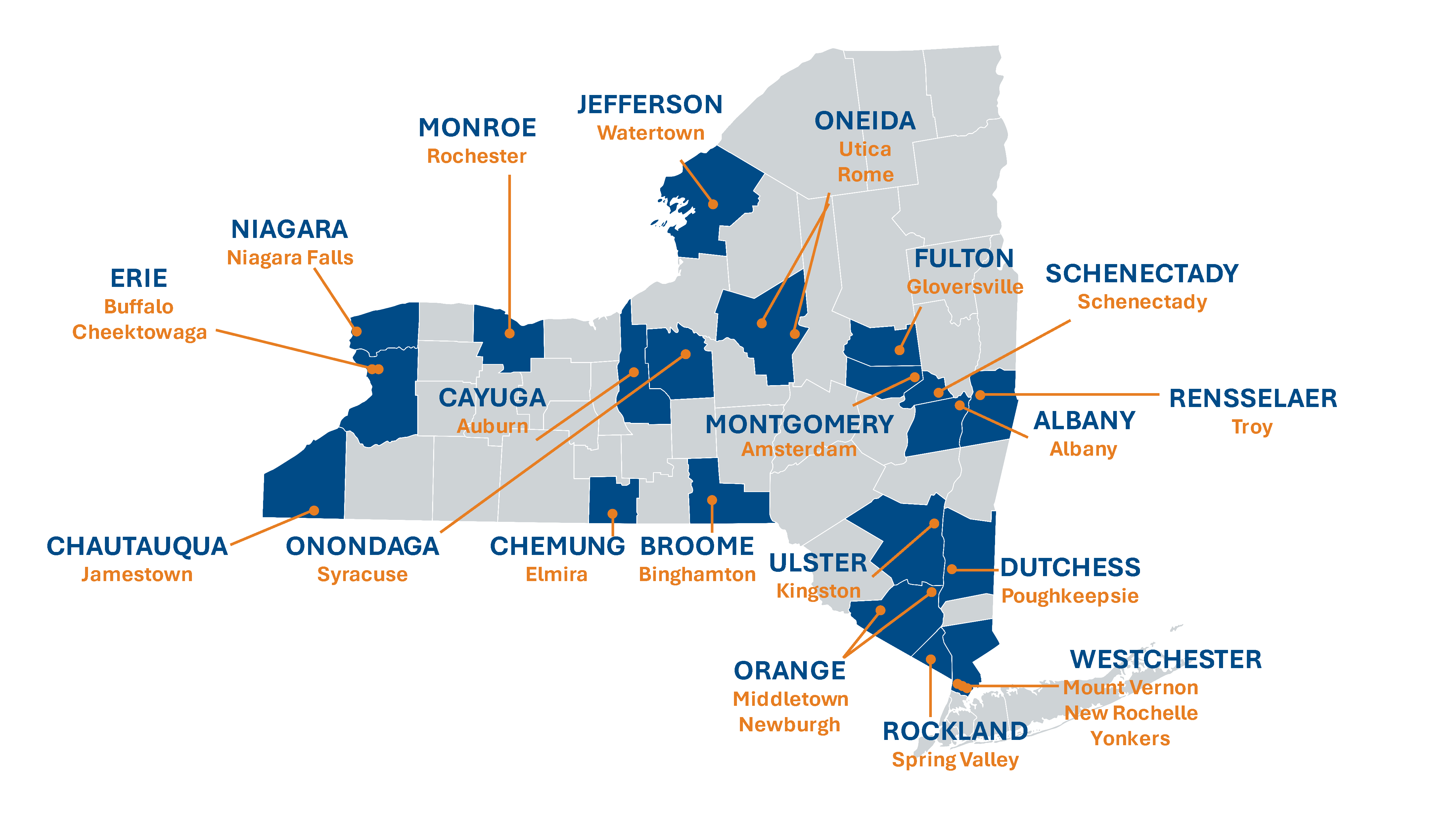 "Map of New York State divided by county, counties participating in lead rental registry are highlighted in blue. Municipalities containing communities of concern are labeled. Communities of concern are Albany, Amsterdam, Auburn, Binghamton, Buffalo, Cheektowaga, Elmira, Gloversville, Jamestown, Kingston, Middletown, Mount Vernon, New Rochelle, Newburgh, Niagara Falls, Poughkeepsie, Rochester, Rome, Schenectady, Spring Valley, Syracuse, Troy, Utica, Watertown, and Yonkers"
